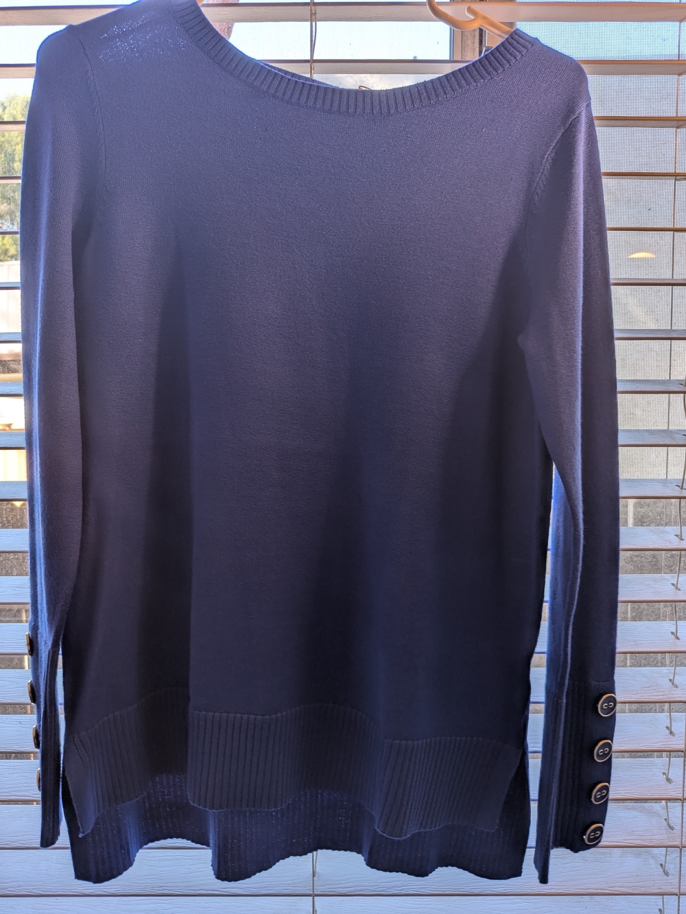 Macy's Navy Crewneck Sweater with Button Sleeve Detail
